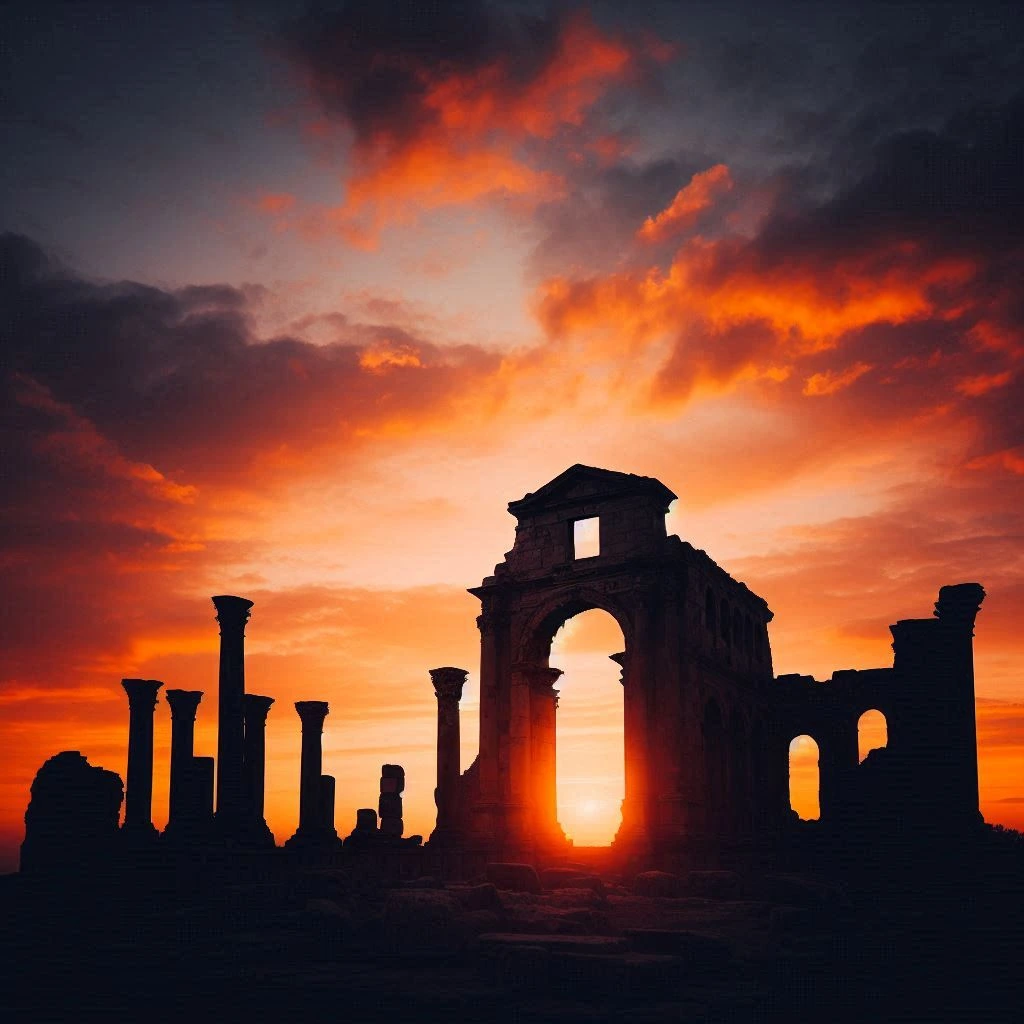 Silhueta de uma ruína histórica sob o céu alaranjado do entardecer, representando a conexão entre passado e futuro.