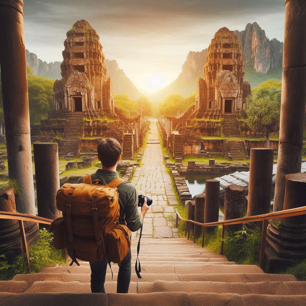 uma imagem gerada por IA para ilustrar um turista visitando ruínas