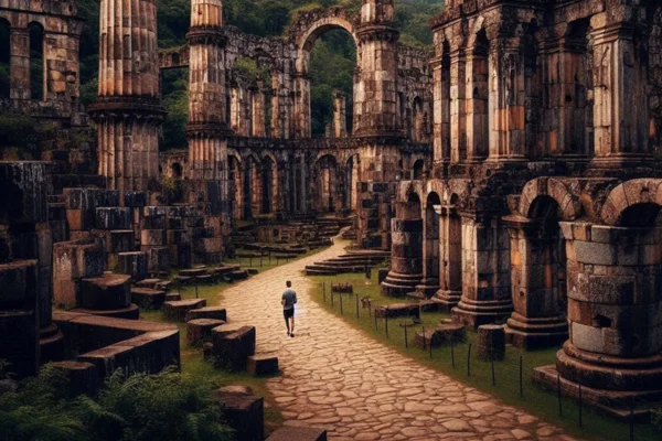 Imagem gerada por IA para ilustrar um homem explorando ruinas