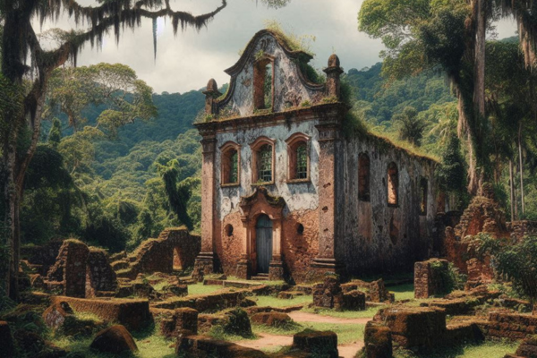 Ruínas de uma antiga igreja colonial brasileira, com paredes de pedra parcialmente preservadas e vegetação ao redor. Imagem gerada por IA
