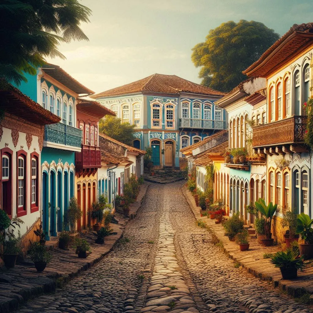 Imagem gerada por IA: Rua de paralelepípedos em uma cidade pequena, ladeada por casas históricas com fachadas coloniais coloridas.
