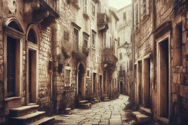 Uma rua antiga e estreita, com fachadas envelhecidas e pedras gastas pelo tempo, representando o silêncio histórico das pequenas cidades europeias.